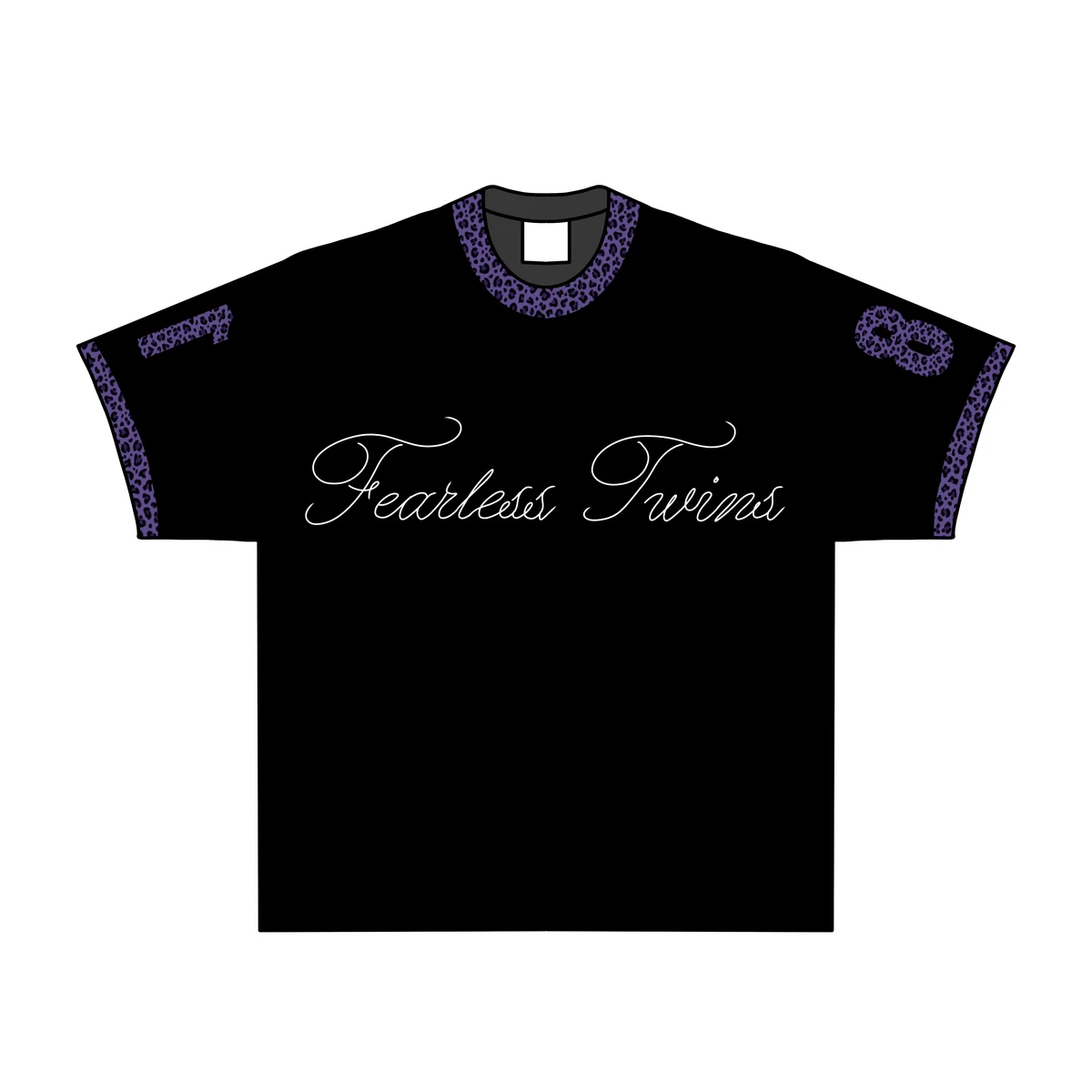 Fearless Twins BoxyTee — Black / Purple Leopard, front